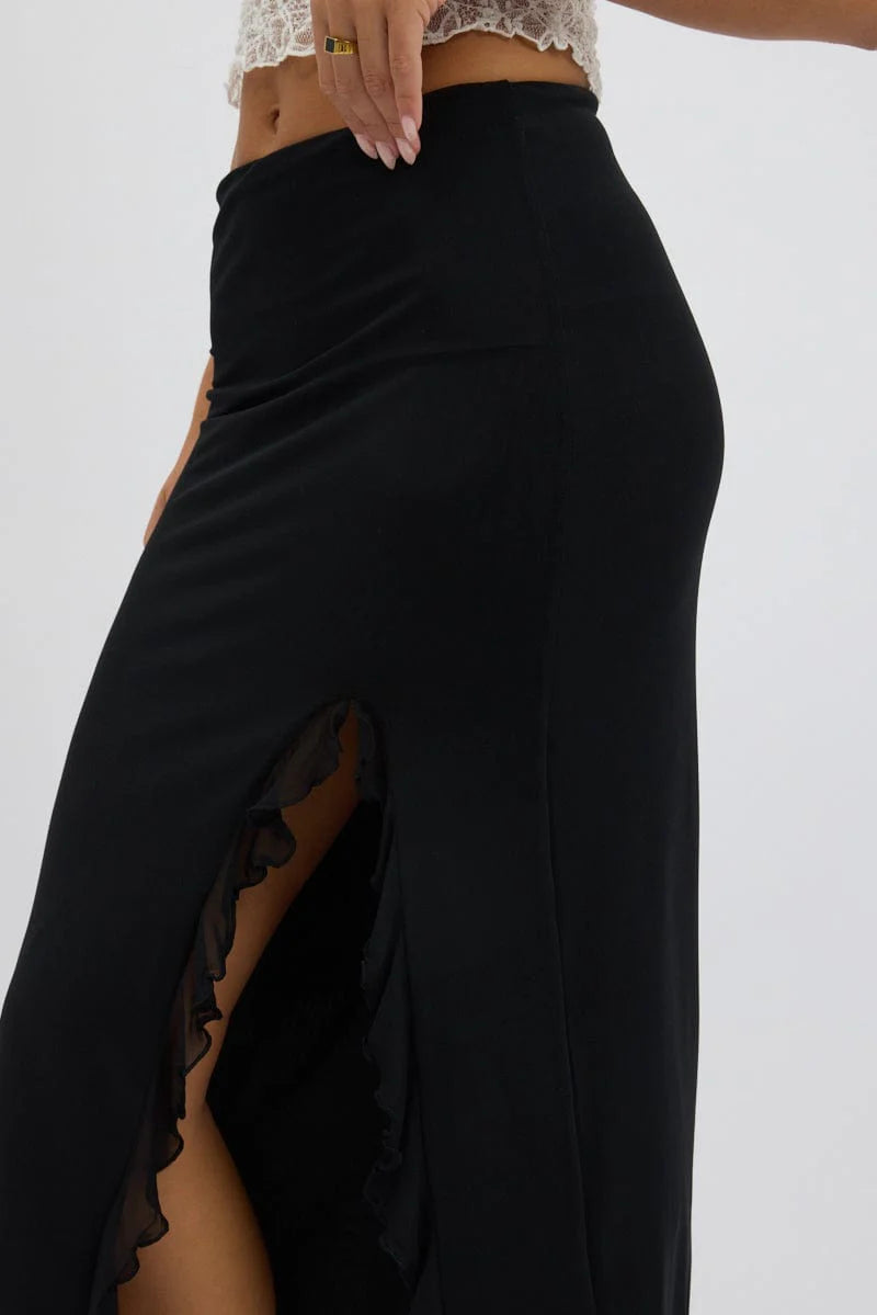 Black Maxi Skirt High Rise Ruffled Slit  Frill Hem Mesh