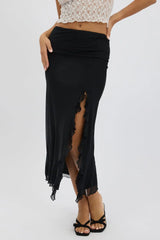 Black Maxi Skirt High Rise Ruffled Slit  Frill Hem Mesh