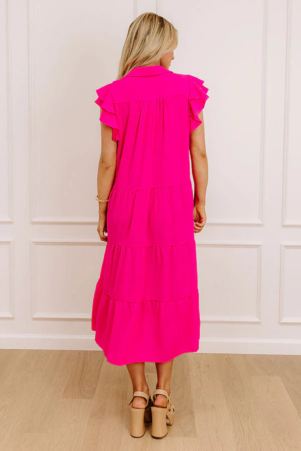 Sunny Spritzer Tiered Midi Dress in Hot Pink