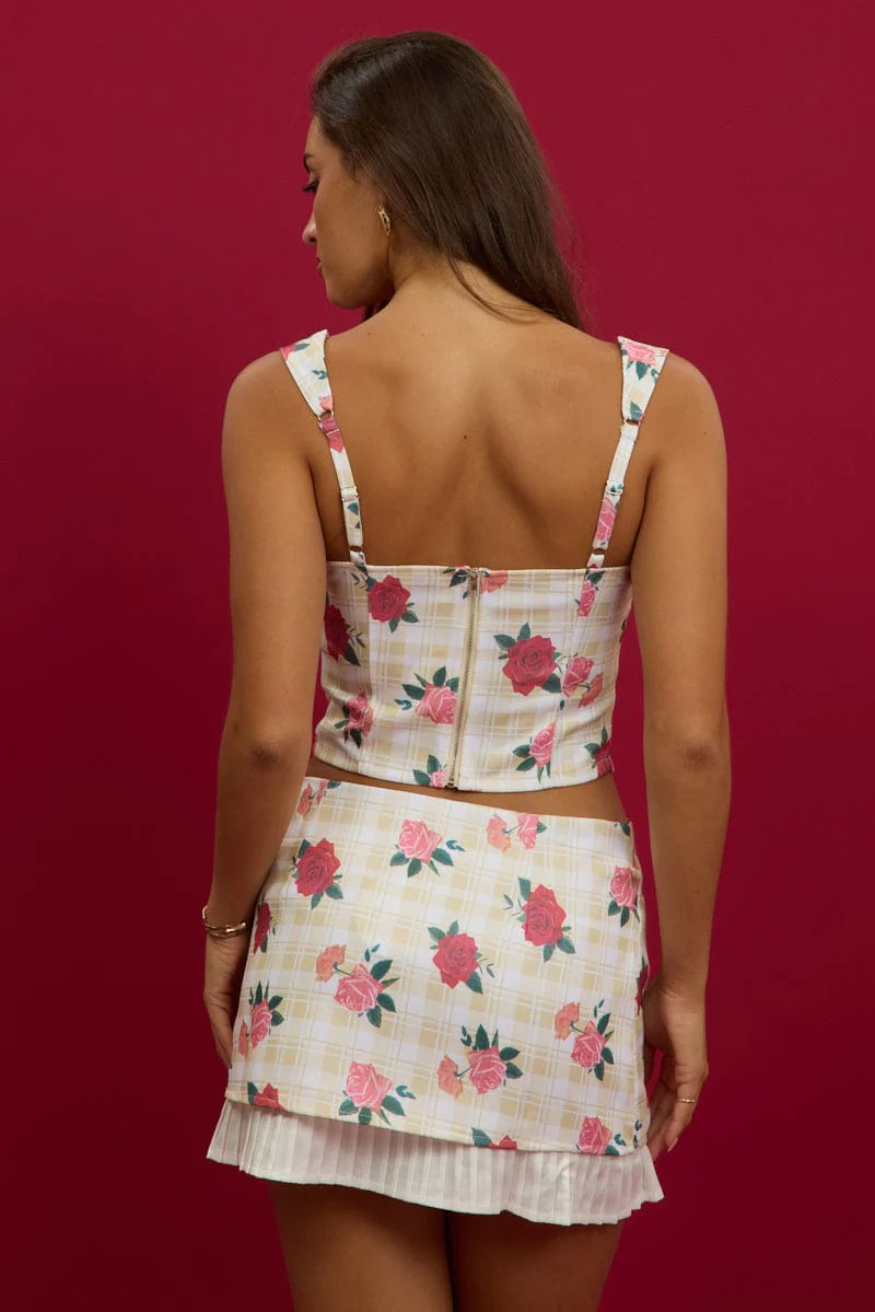 Yellow Floral Satin Ruched Top Sleeveless Contrast Detail