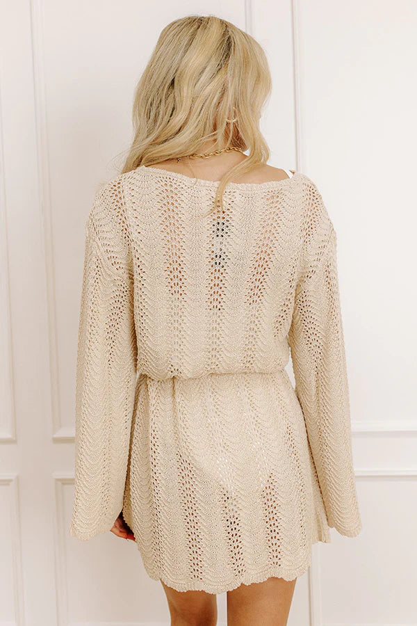 Oceanside Dreaming Pointelle Knit Mini Dress in Oatmeal