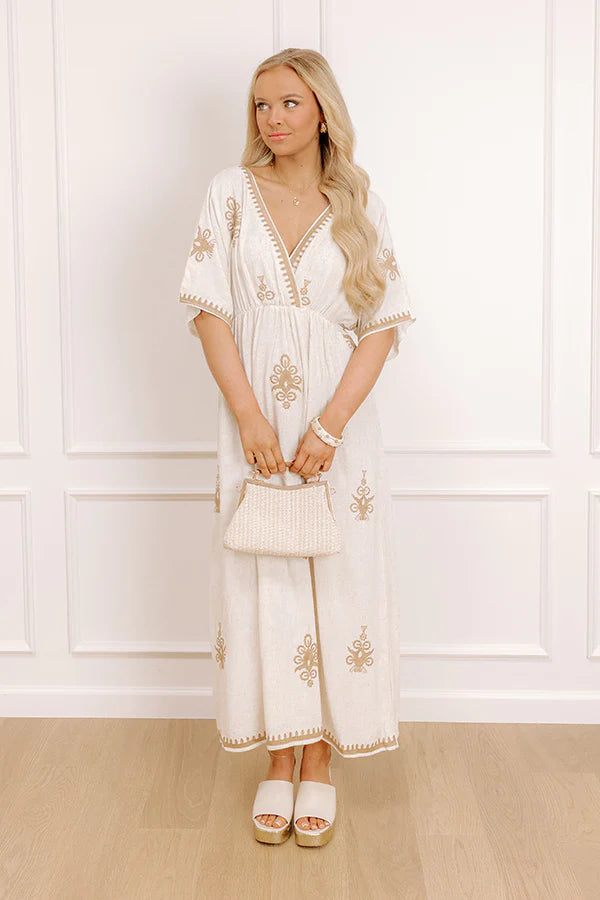 Island Oasis Linen-Blend Embroidered Midi Dress