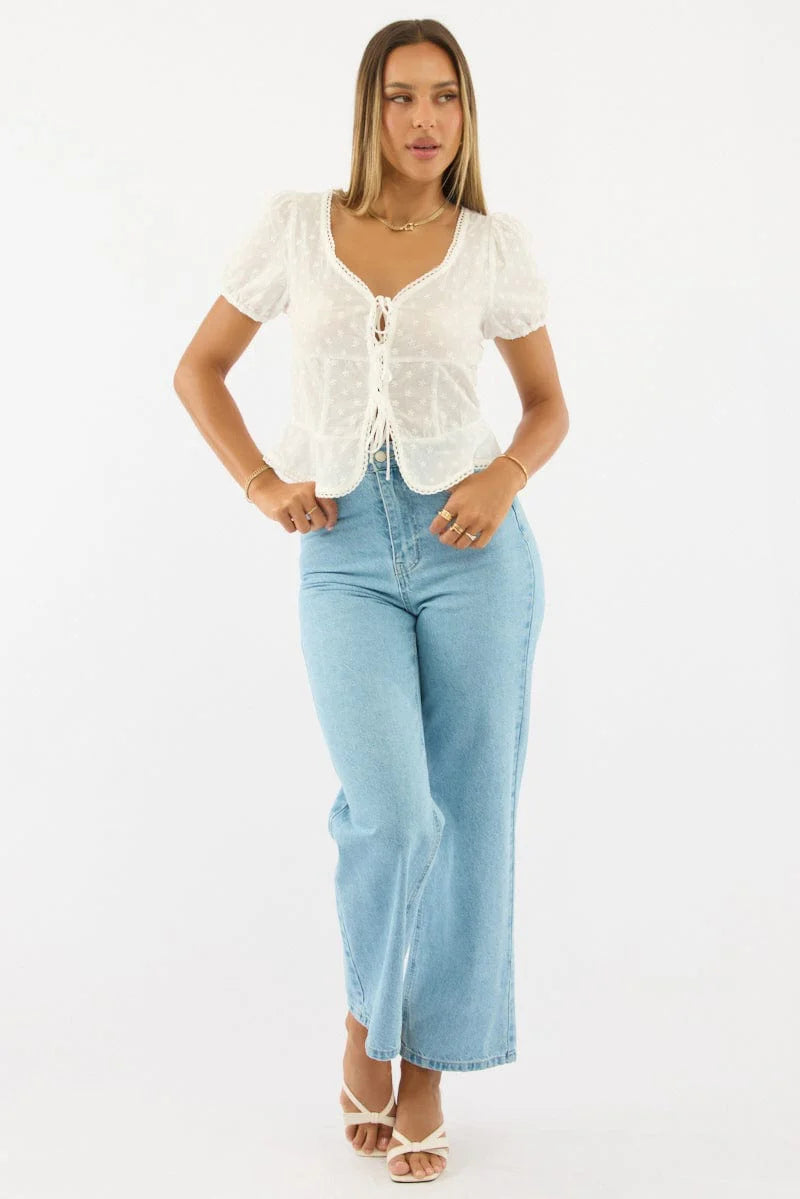 White Tie Up Top Short Sleeve Eyelet