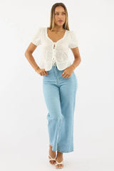 White Tie Up Top Short Sleeve Eyelet
