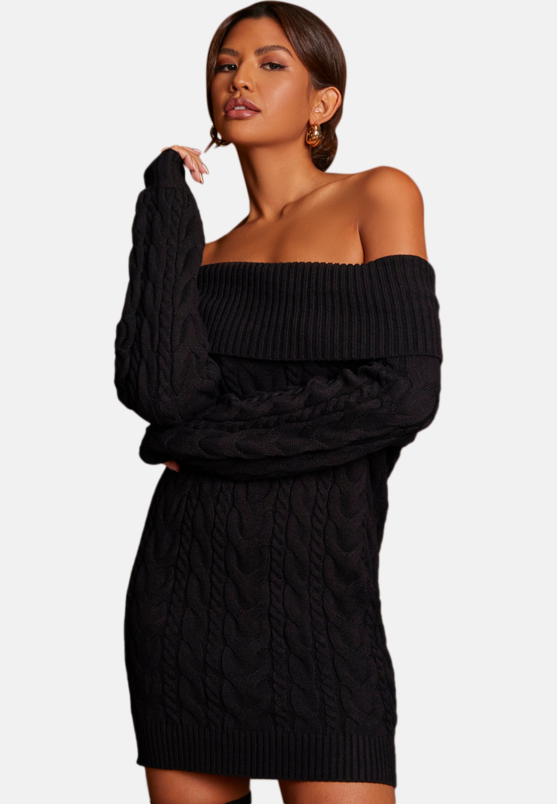 Off-Shoulder Cable Knit Jumper Dress in Black