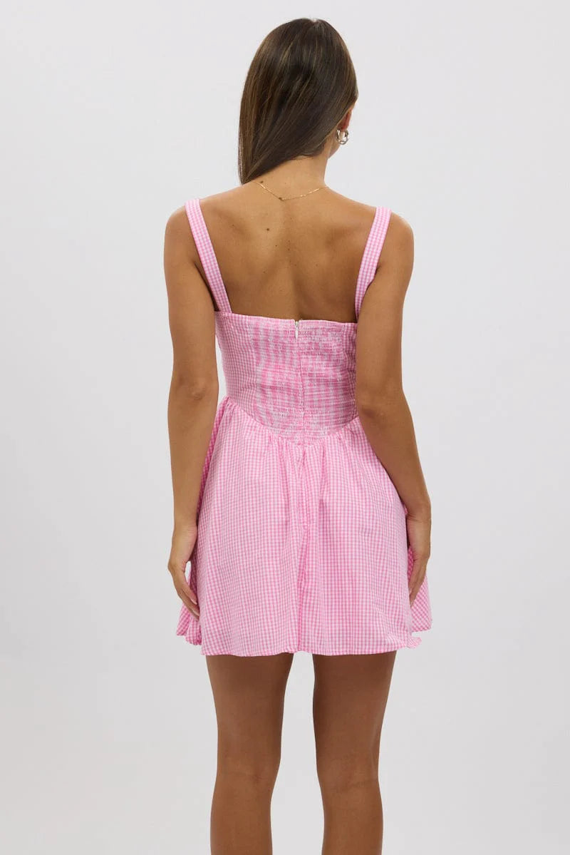 Pink Check Fit And Flare Dress Mini