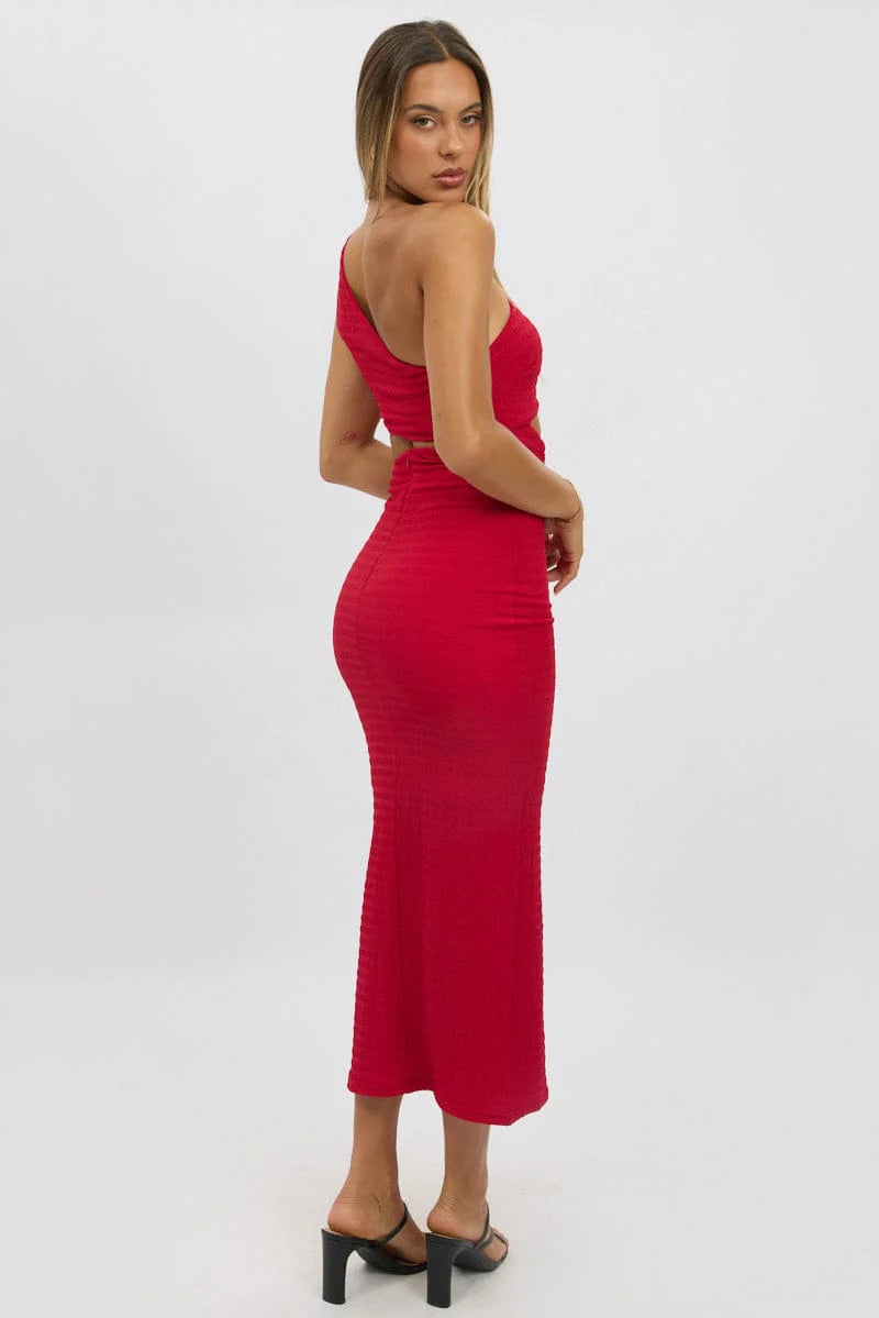 Red Bodycon Dress One Shoulder Textured