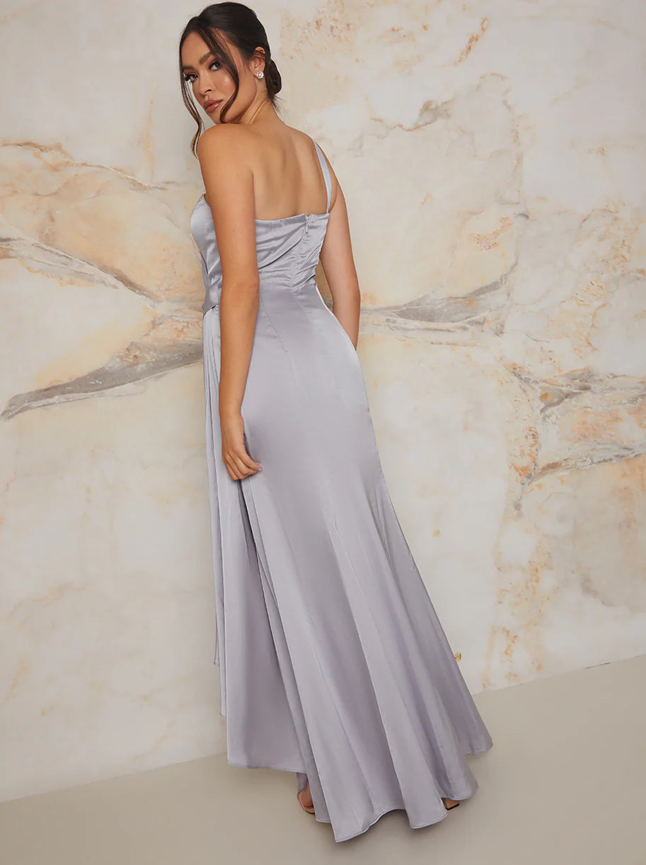One Shoulder Satin Finish Maxi Dress in Blue