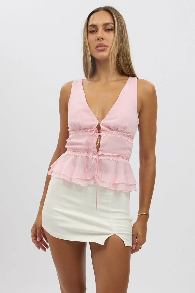 Pink Tie Front Top Sleeveless Chiffon