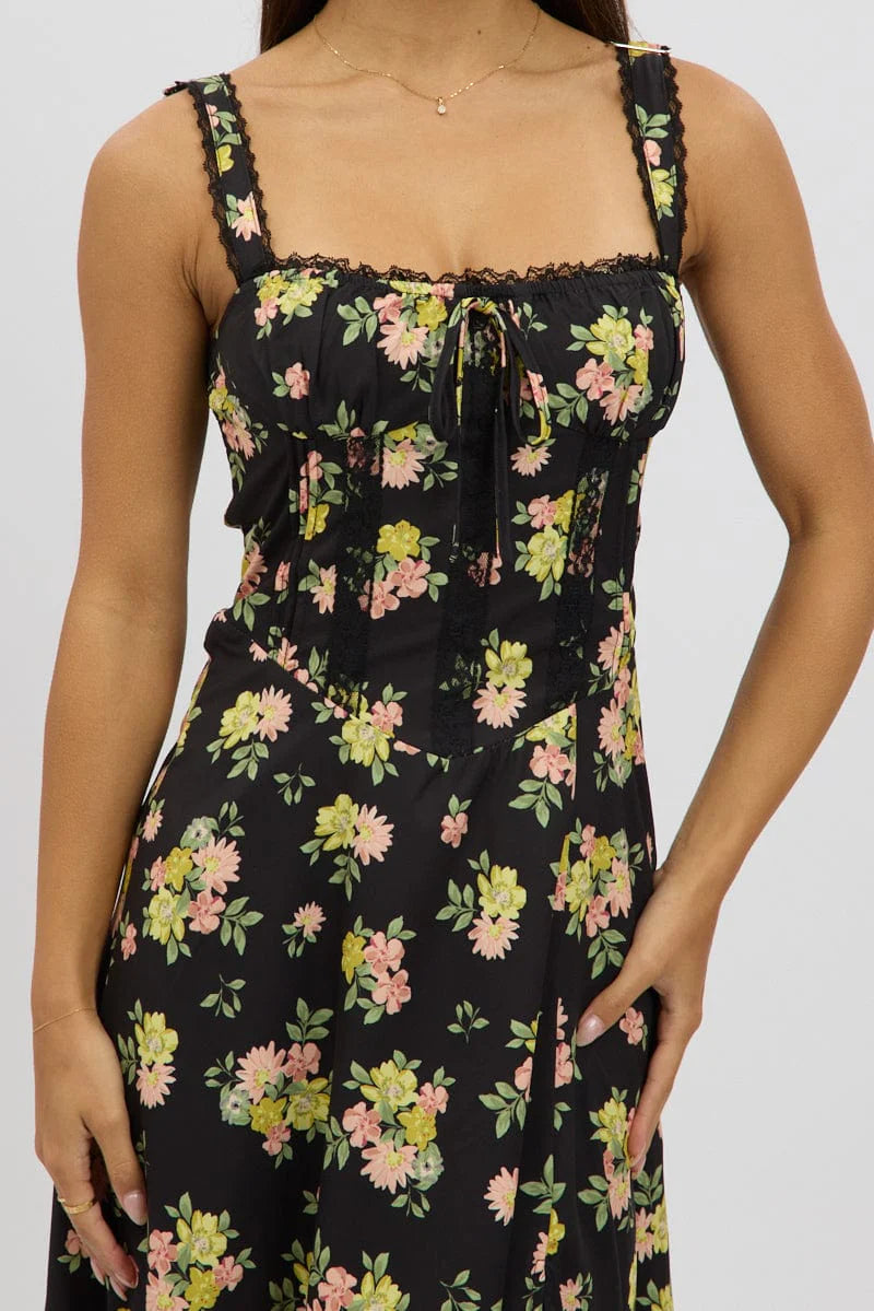 Black Floral Midi Dress Corset Detail