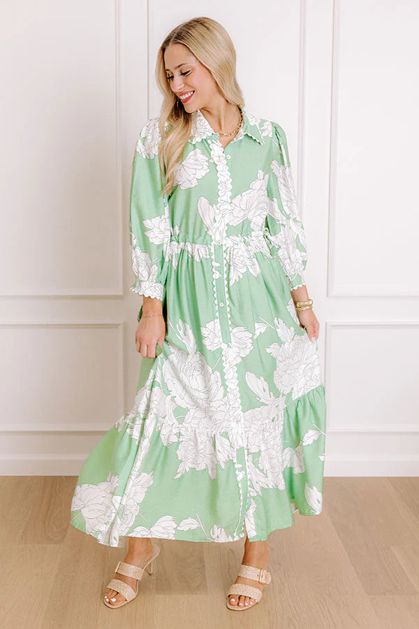 Bistro Bound Floral Midi Dress in Seaglass