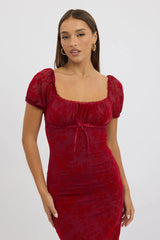 Red Maxi Dress Puff Sleeve Burn Out