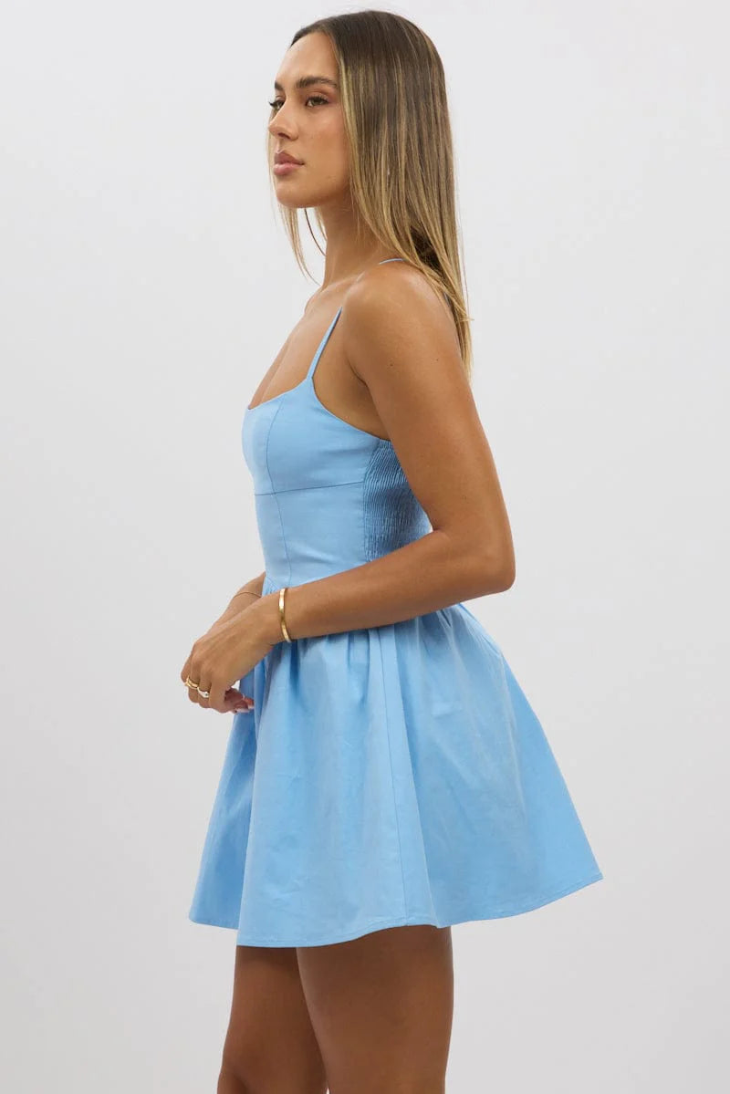 Blue Fit And Flare Dress Mini