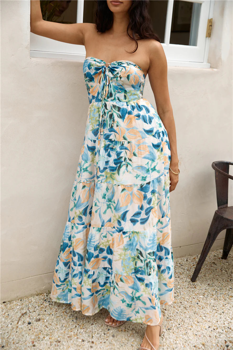 Rainforest Oasis Strapless Maxi Dress Blue