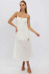 White Midi Dress Gathered Bust Eyelet Fabric