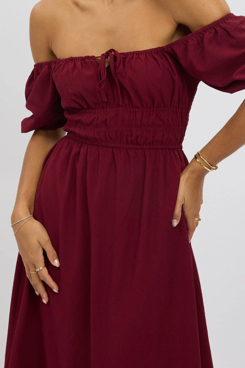 Red Midi Dress Short Sleeve Ruched Bust