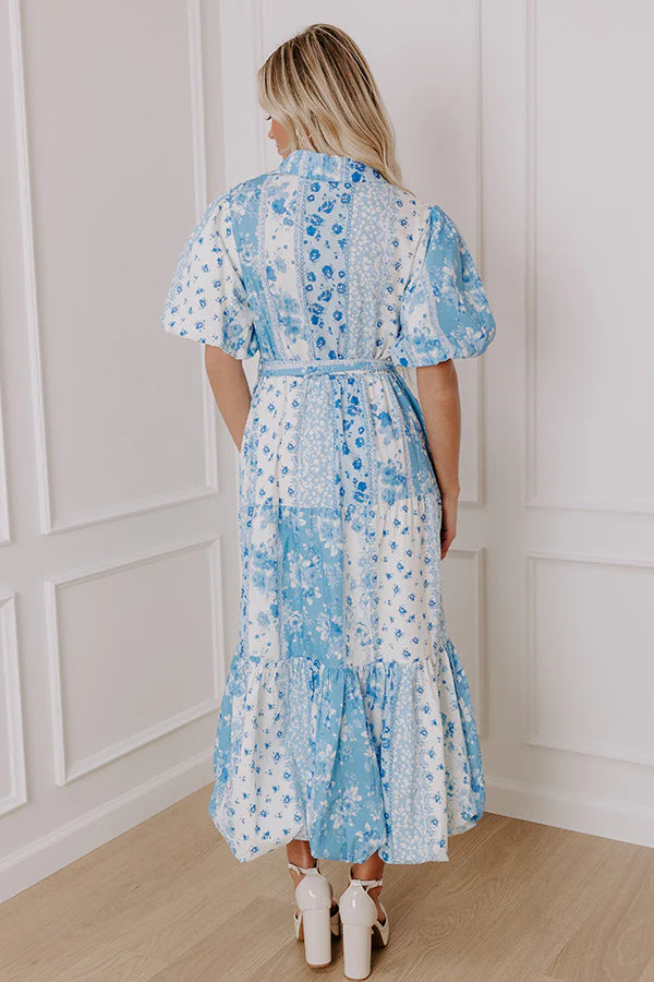 Love-Struck Floral Midi Dress in Sky Blue