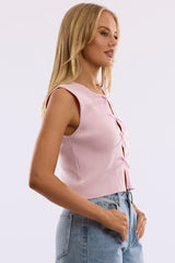 Pink Knit Top Sleeveless Front Ribbon