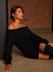 Off-Shoulder Cable Knit Jumper Dress in Black