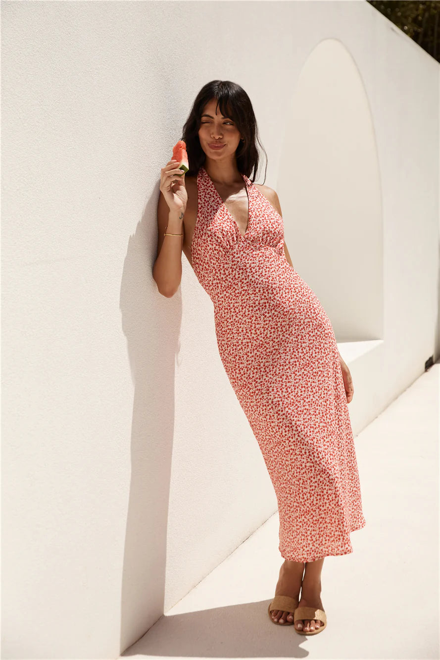 Island Dream Halter Maxi Dress Red