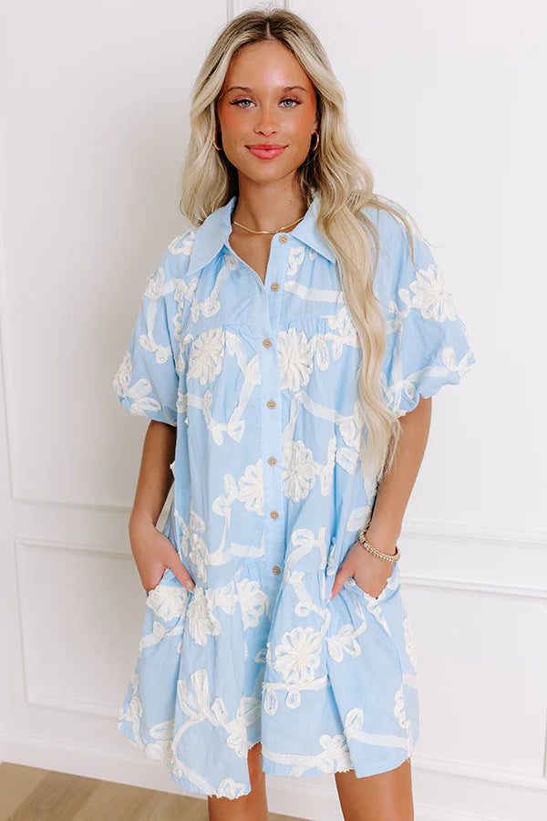 Floral Statement Embroidered Mini Dress in Sky Blue
