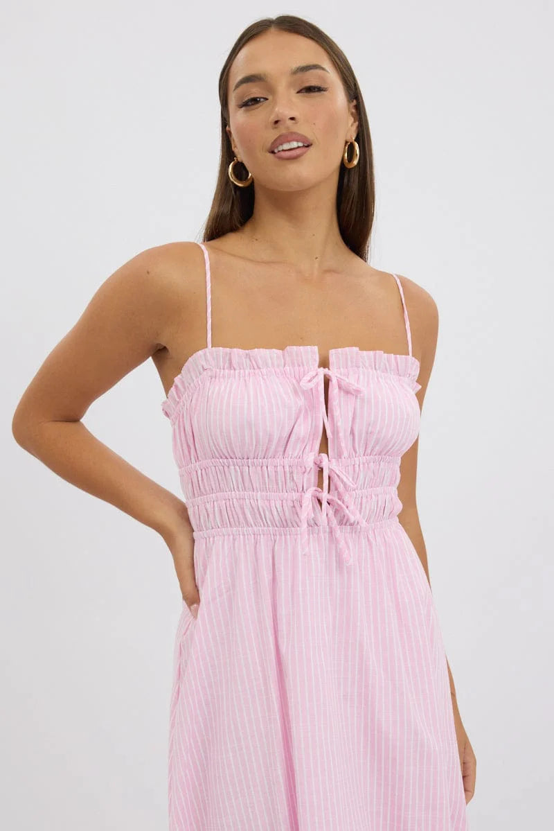 Pink Stripe Midi Dress Ribbon Detail Strappy