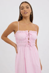 Pink Stripe Midi Dress Ribbon Detail Strappy