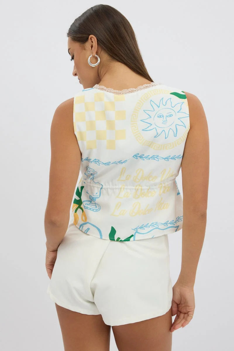 Yellow Abstract Tie Front Top