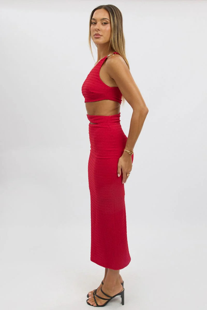 Red Bodycon Dress One Shoulder Textured