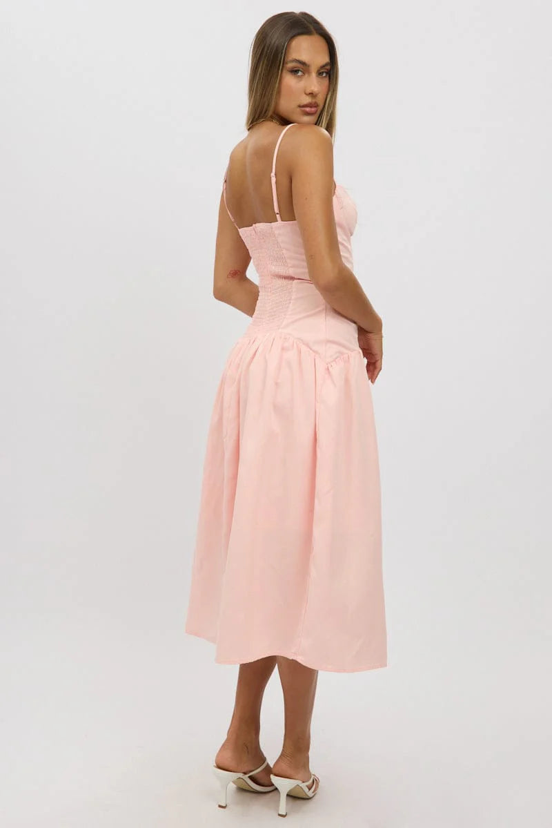 Pink Midi Dress Drop Waist