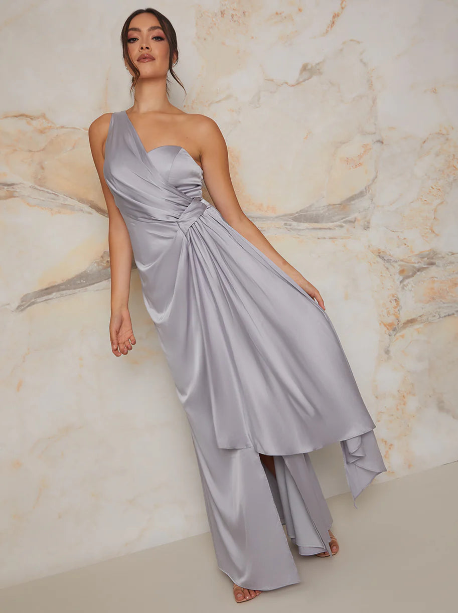 One Shoulder Satin Finish Maxi Dress in Blue