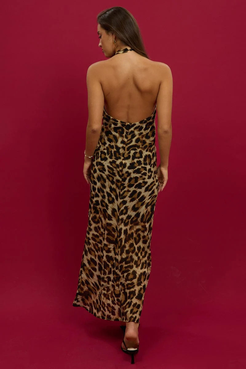 Brown Animal Print Maxi Dress Cowl Neck