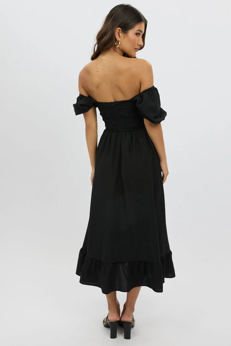 Black Midi Dress Short Sleeve Ruched Bust