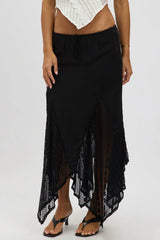 Black Lace Elastic Waist Scarf Hem Maxi Skirt