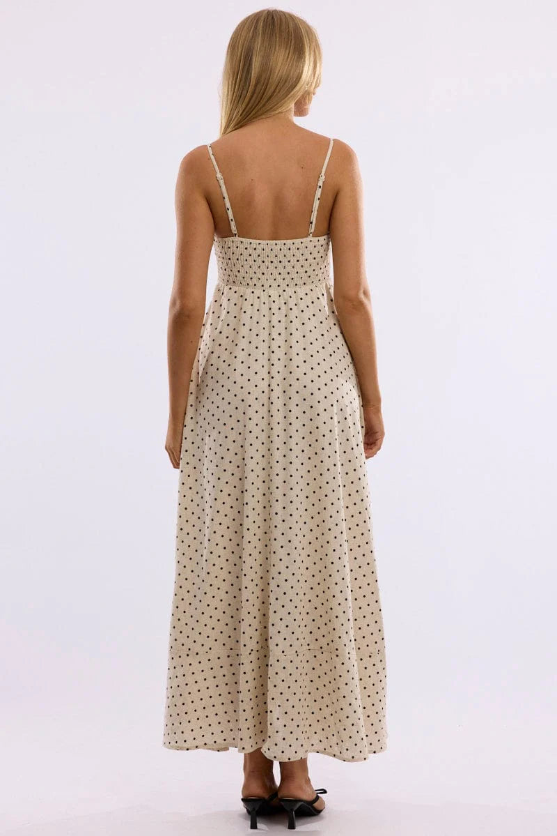 Beige Polka Dot Maxi Dress Strappy