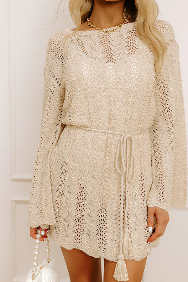 Oceanside Dreaming Pointelle Knit Mini Dress in Oatmeal