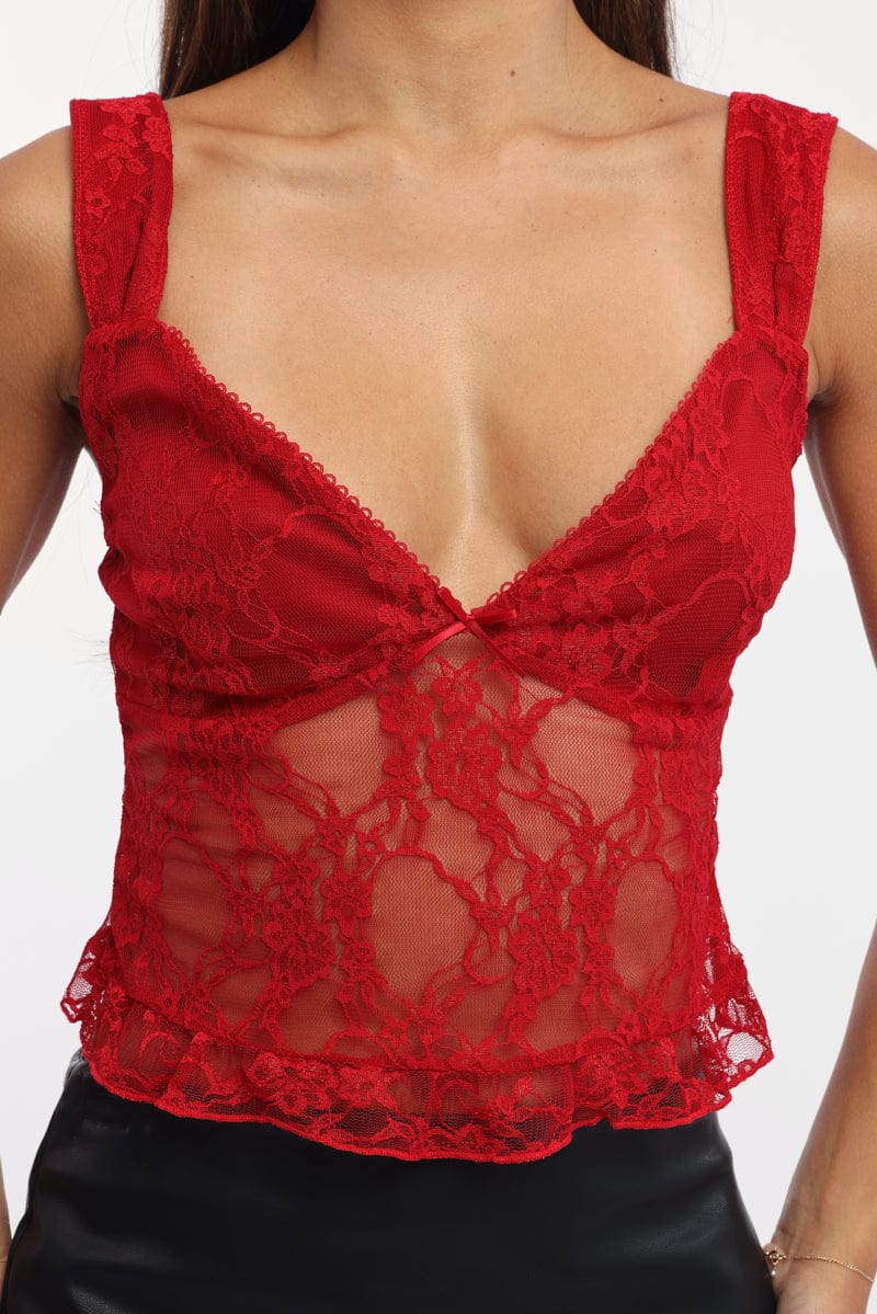 Red V Neckline Top Lace