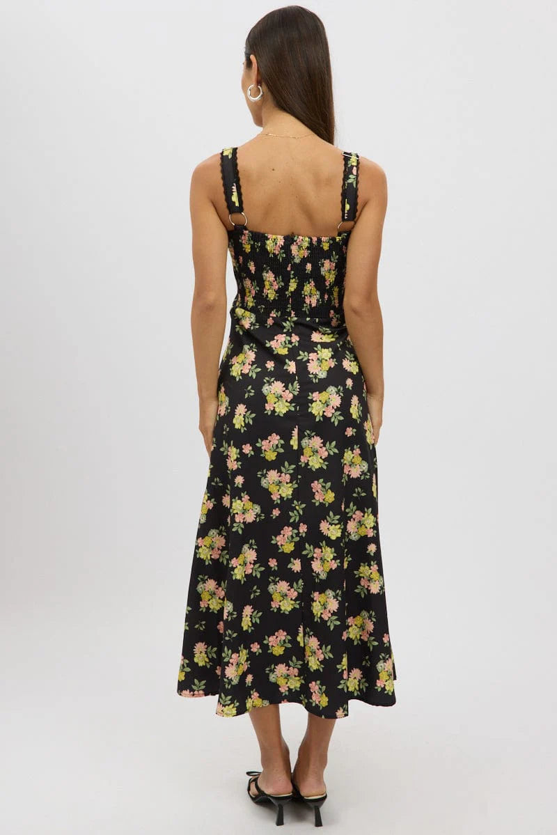 Black Floral Midi Dress Corset Detail