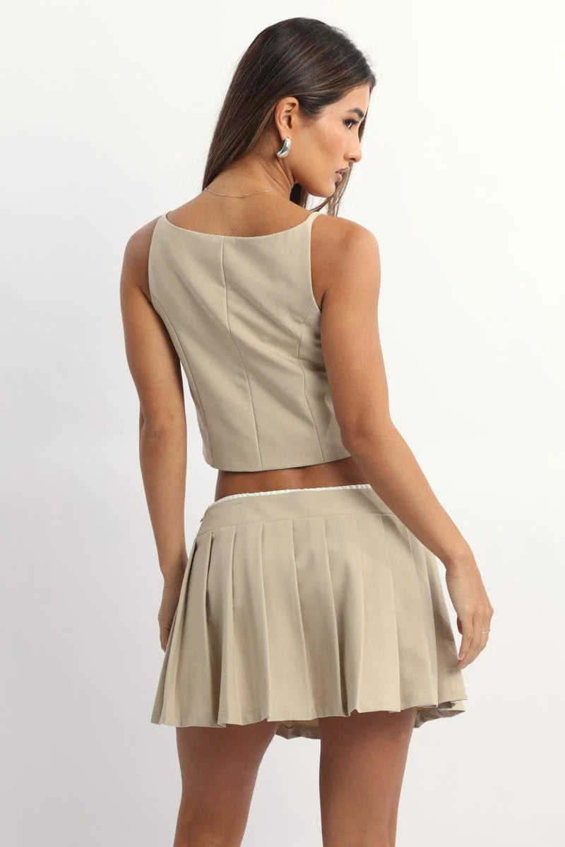 Beige Cami Vest Sleeveless Scoop Neck Tailored
