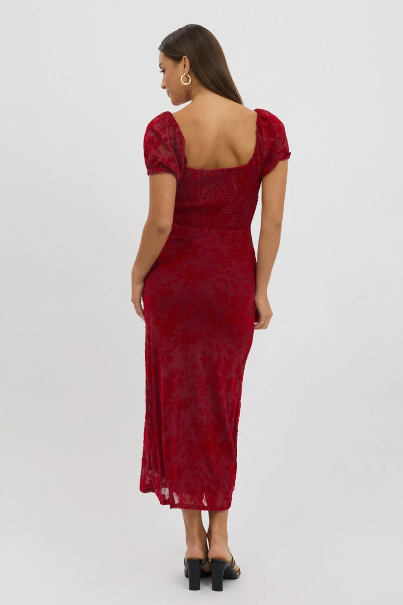Red Maxi Dress Puff Sleeve Burn Out