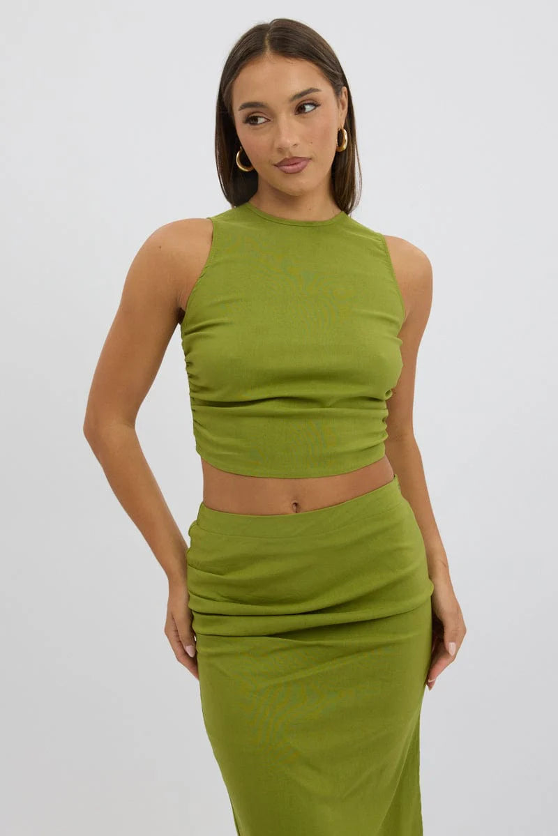 Green Gathered Sleeveless Top Round Neck Bengaline