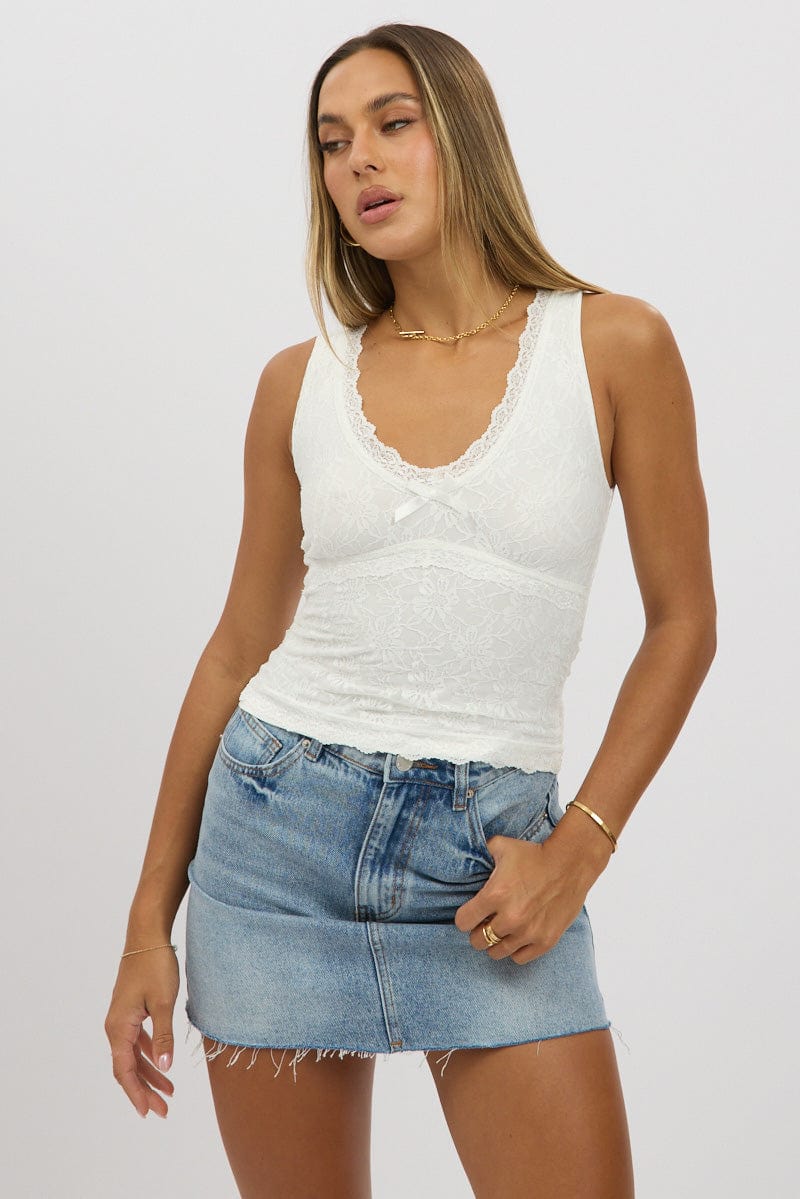White Lace Top Sleeveless V Neck
