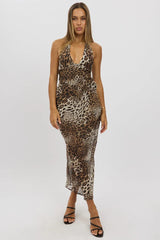 Brown Animal Print Halter Neck Maxi Dress