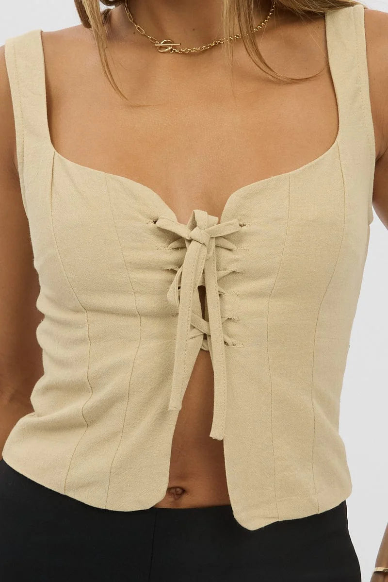 Beige Top Sleeveless Open Front Lace UP