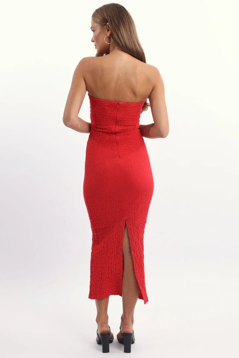 Red Bodycon Dress Boob Tube Textured Midi