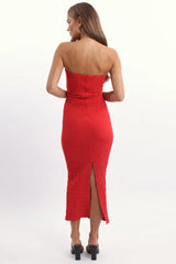Red Bodycon Dress Boob Tube Textured Midi