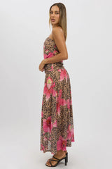 Multi Animal Print Maxi Dress Strapless Drop Waist Mesh