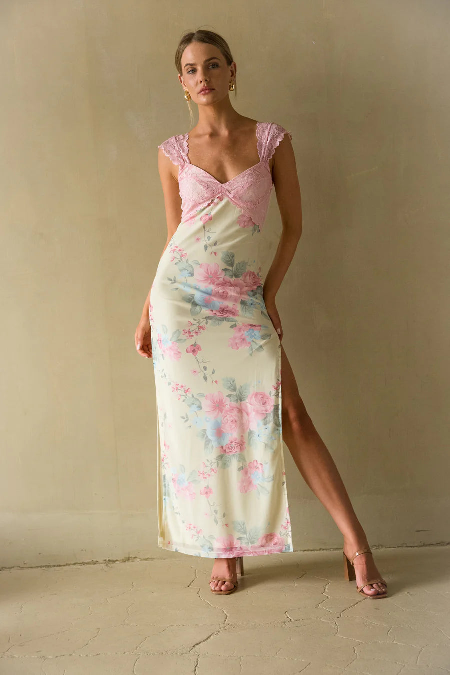 Mimi Lace Trim Floral Mesh Maxi Dress