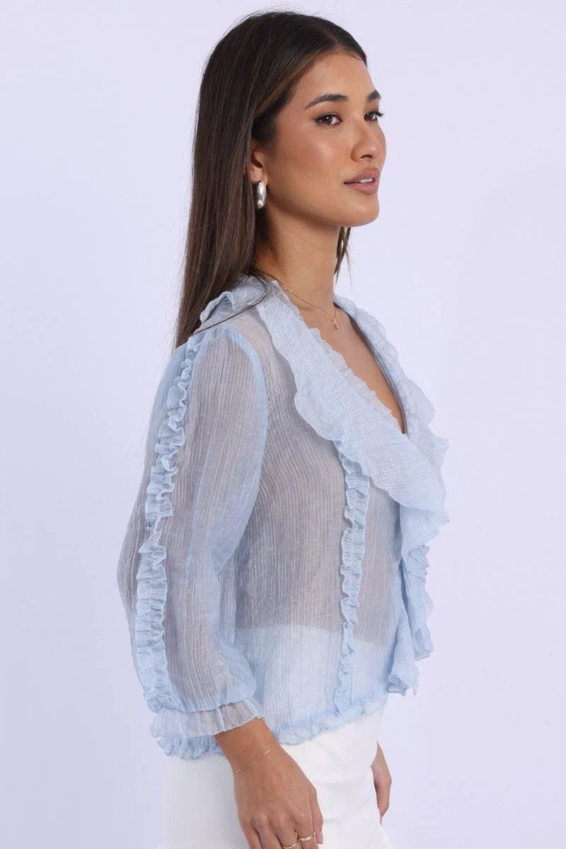 Blue Ruffled Top Mid Sleeve V-neck Poet's Blouse