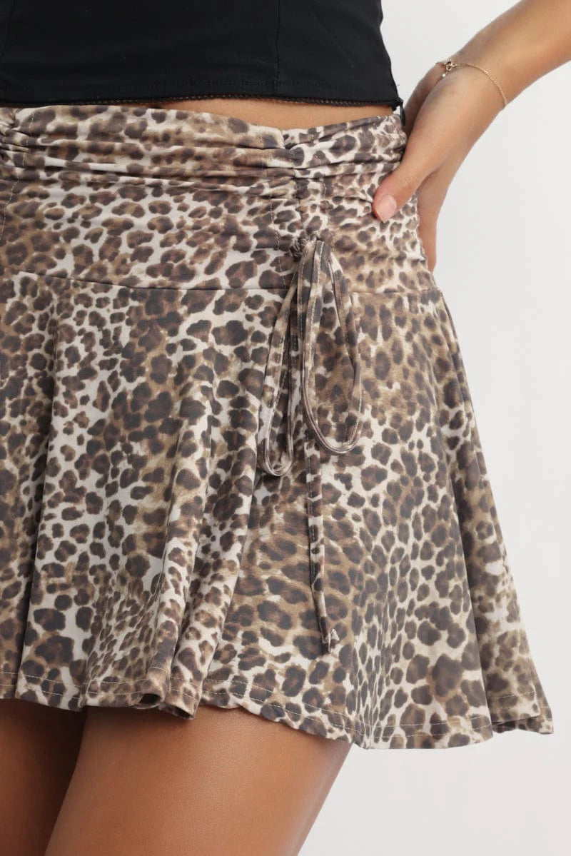Brown Animal Print Skater Skort Mid Rise Ruched Detail Supersoft Mini